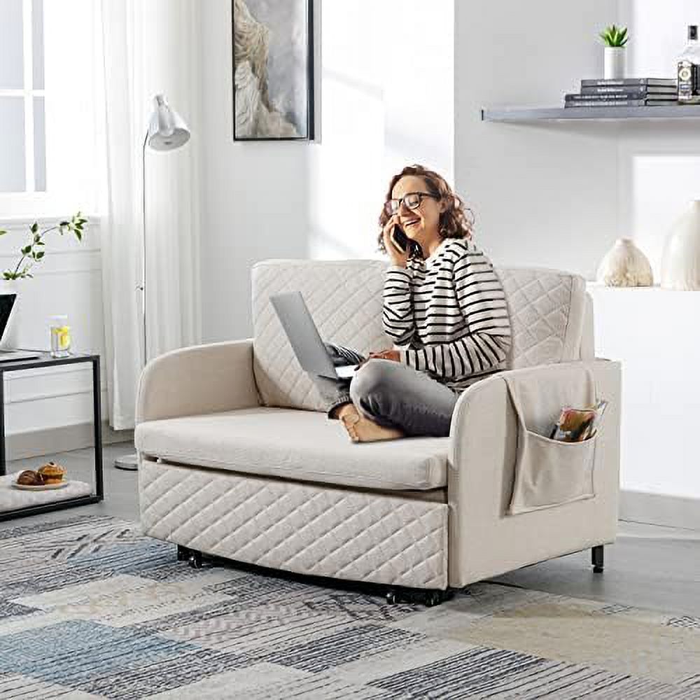Grey Linen Loveseat Sleeper Sofa with Pull-Out Bed A80886