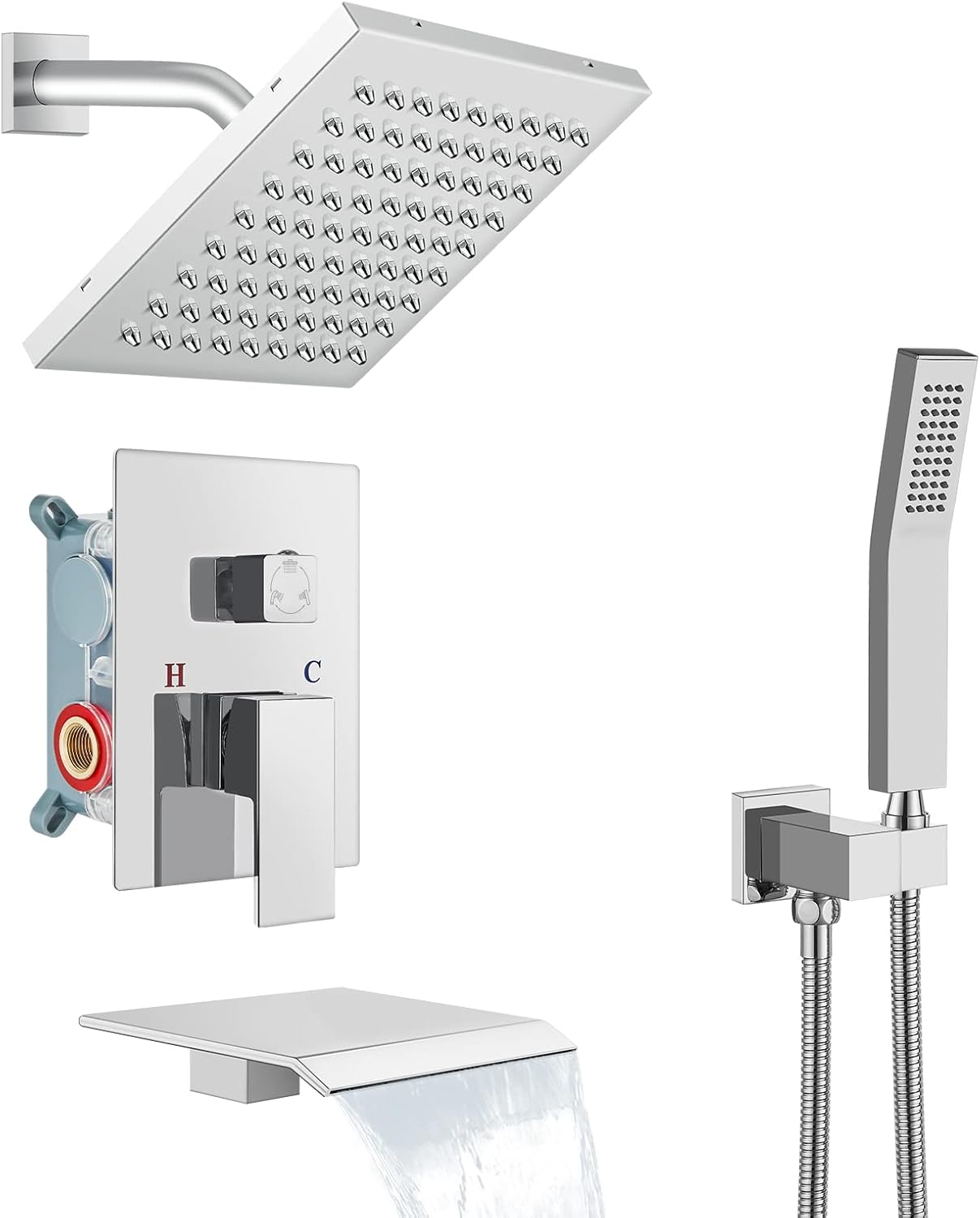 Polish Chrome Rainfall Shower System with Tub Spout and Handheld Sprayer L71602