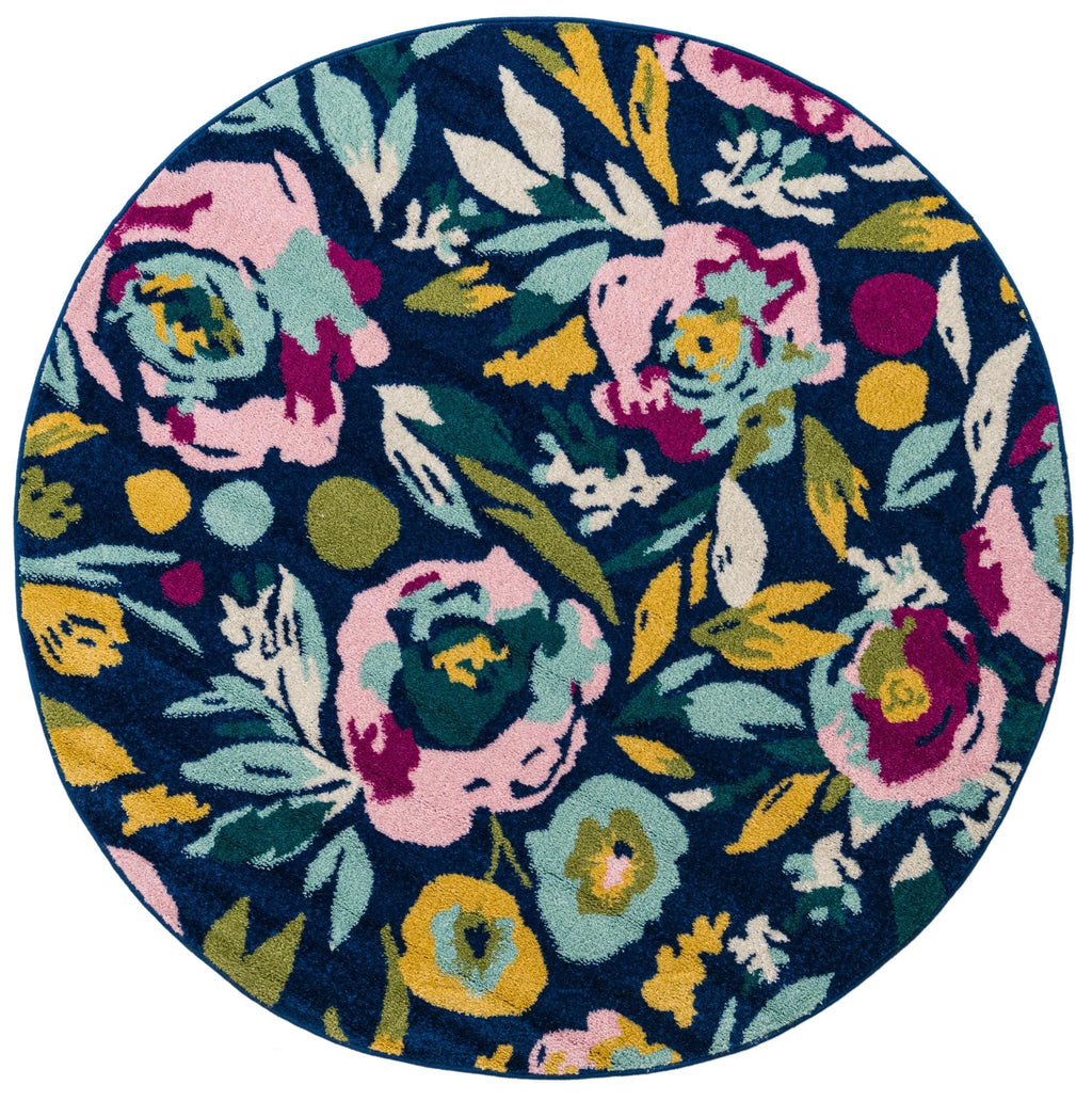 Navy Blue Round Floral Rug A90152