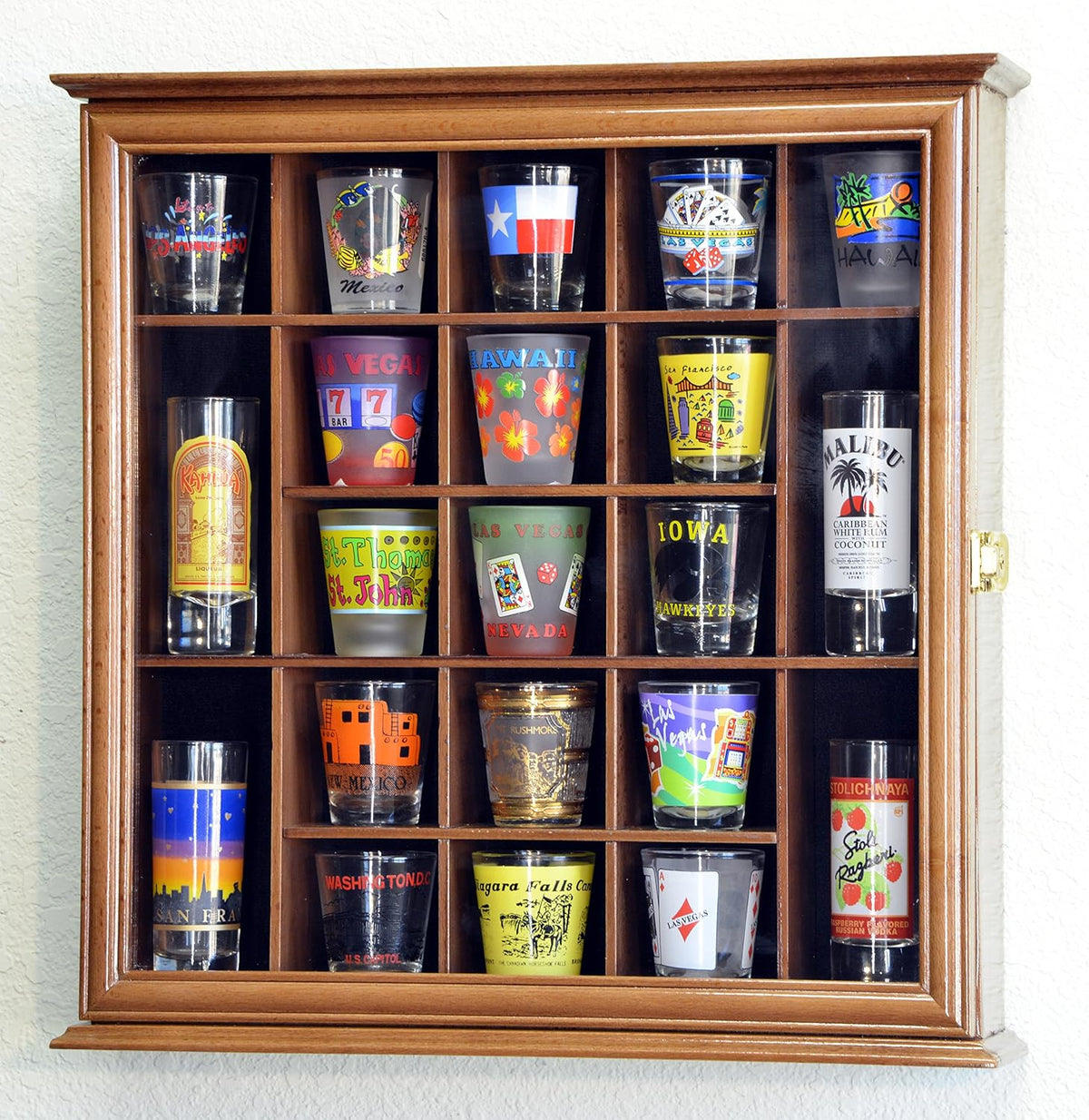 Walnut Lockable Wall Rack Display Case for 21 Shot Glasses V437231