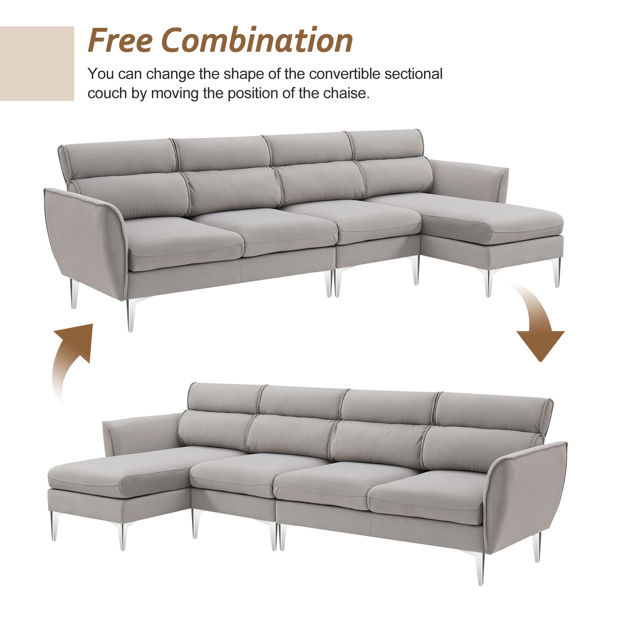 Gray Flannel L-Shaped Convertible Sectional Sofa U4815