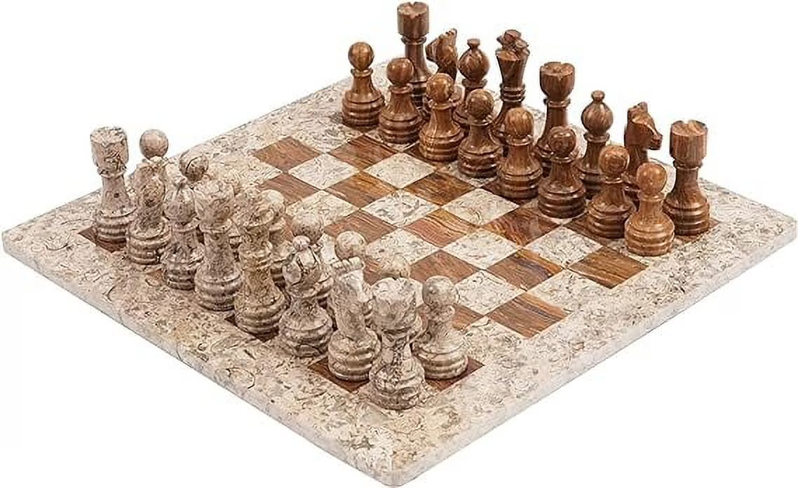 Marble Chess Set 15 Inches Fossil Coral and Dark Brown Handmade Chess Board with 32 Chess Pieces U483209
