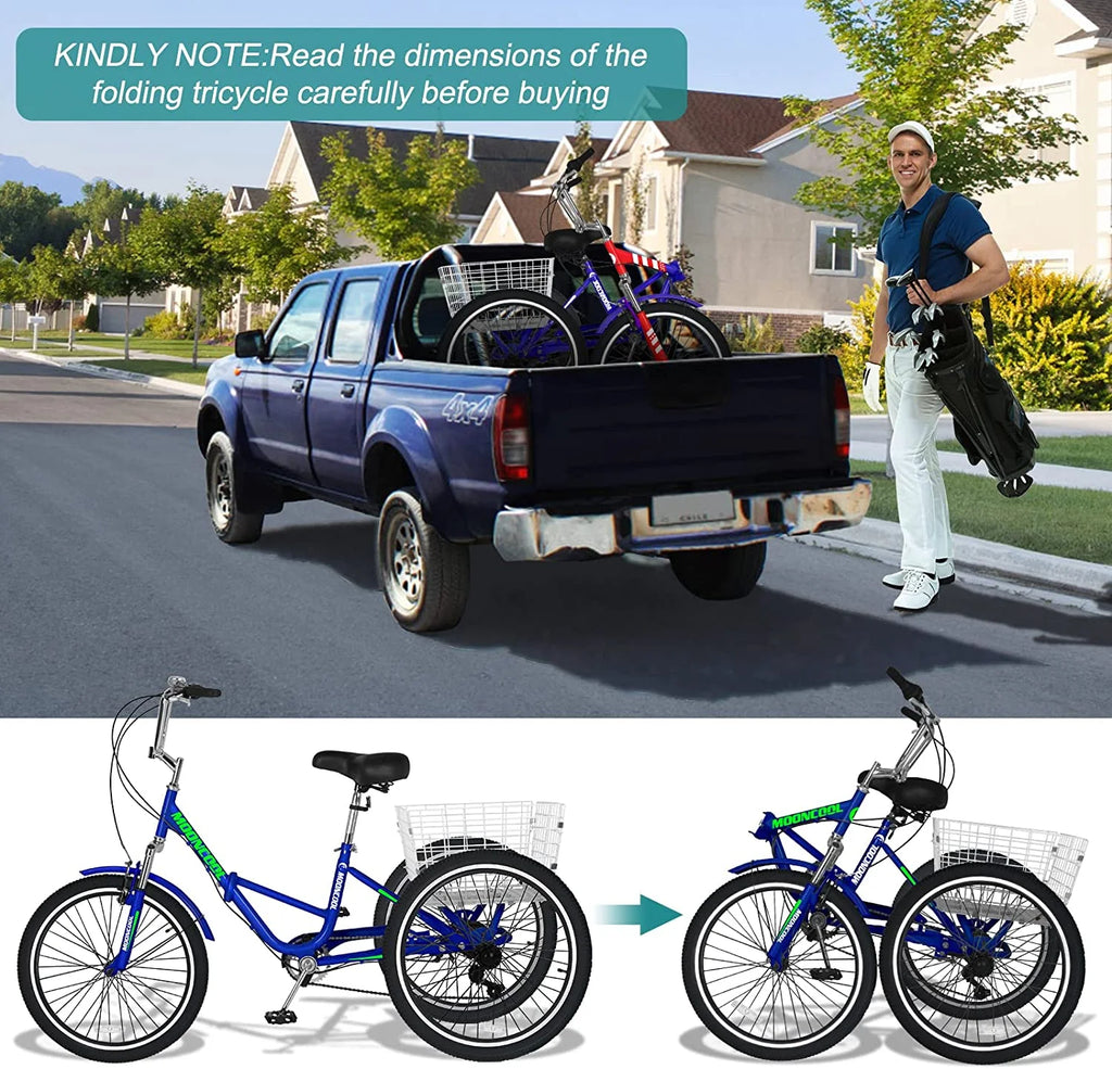 Adult Folding Tricycle 7 Speed 20/24/26 inch Three Wheel Bike with Large Basket R8251