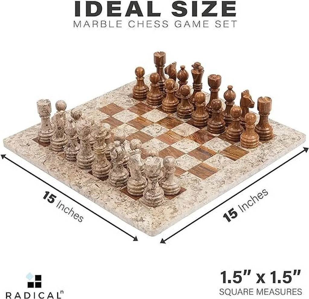 Marble Chess Set 15 Inches Fossil Coral and Dark Brown Handmade Chess Board with 32 Chess Pieces U483209