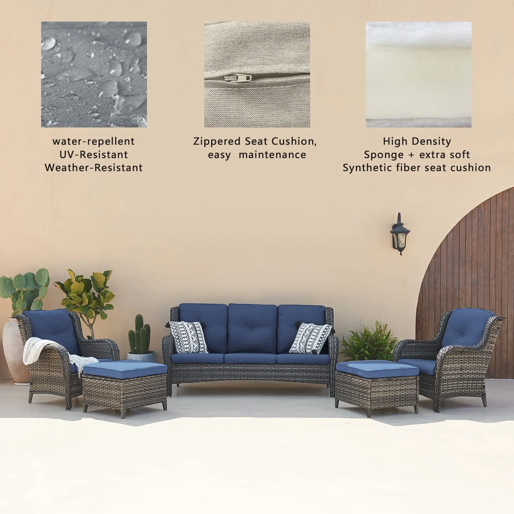 5 Piece Rattan Sectional Sofa Set with 3-Seat Couch 2 Armchairs 2 Ottoman Footrests Grey/Blue A193