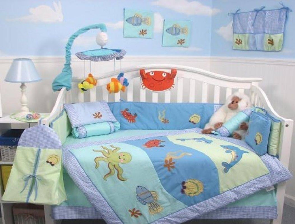 Dolphins Baby Crib Nursery Bedding Set 13 Pcs with Diaper Bag G67851