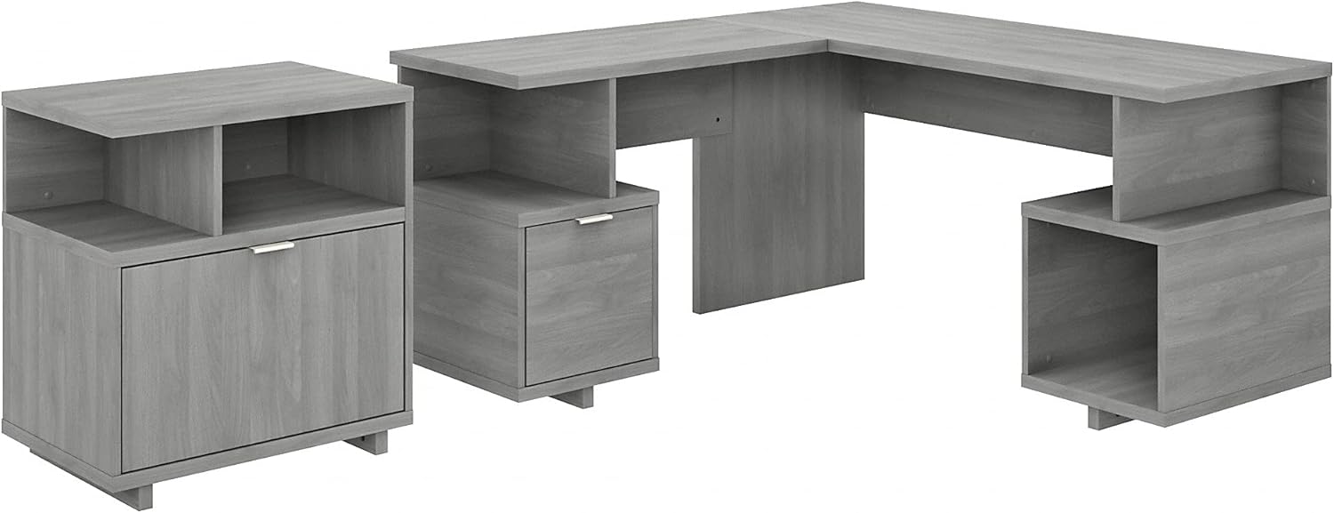 Pure White L Shaped Desk with Lateral File Cabinet W876