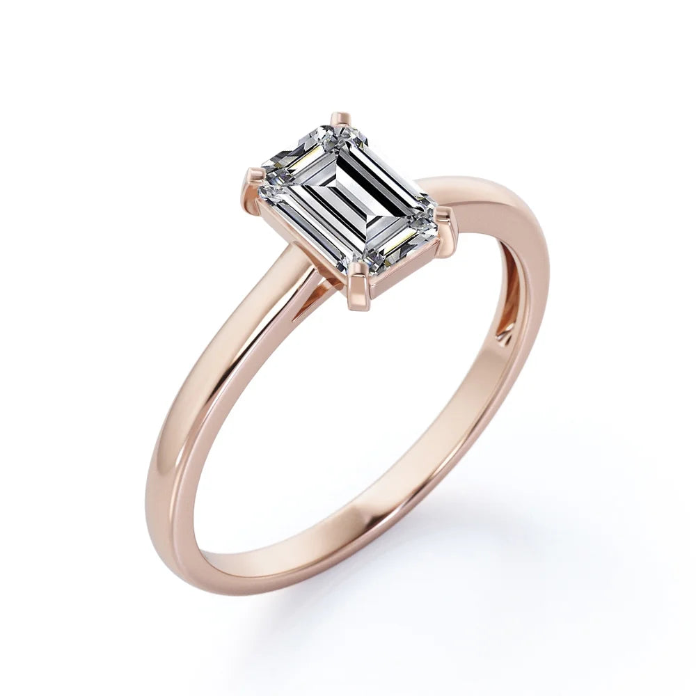 18K Rose Gold Plating Over Silver Emerald Cut Moissanite Solitaire Ring J66104
