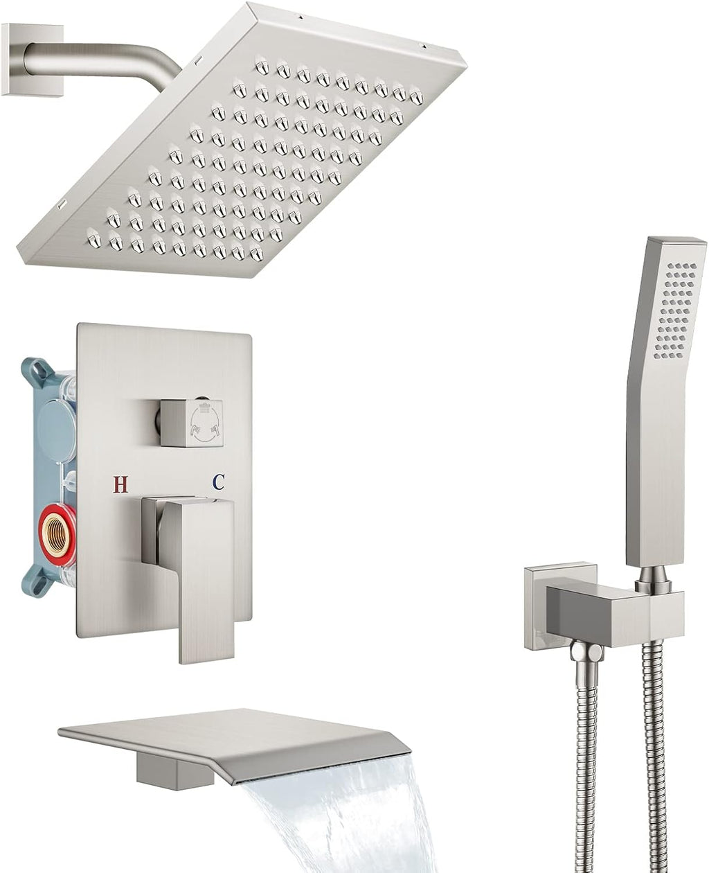 Polish Chrome Rainfall Shower System with Tub Spout and Handheld Sprayer L71602