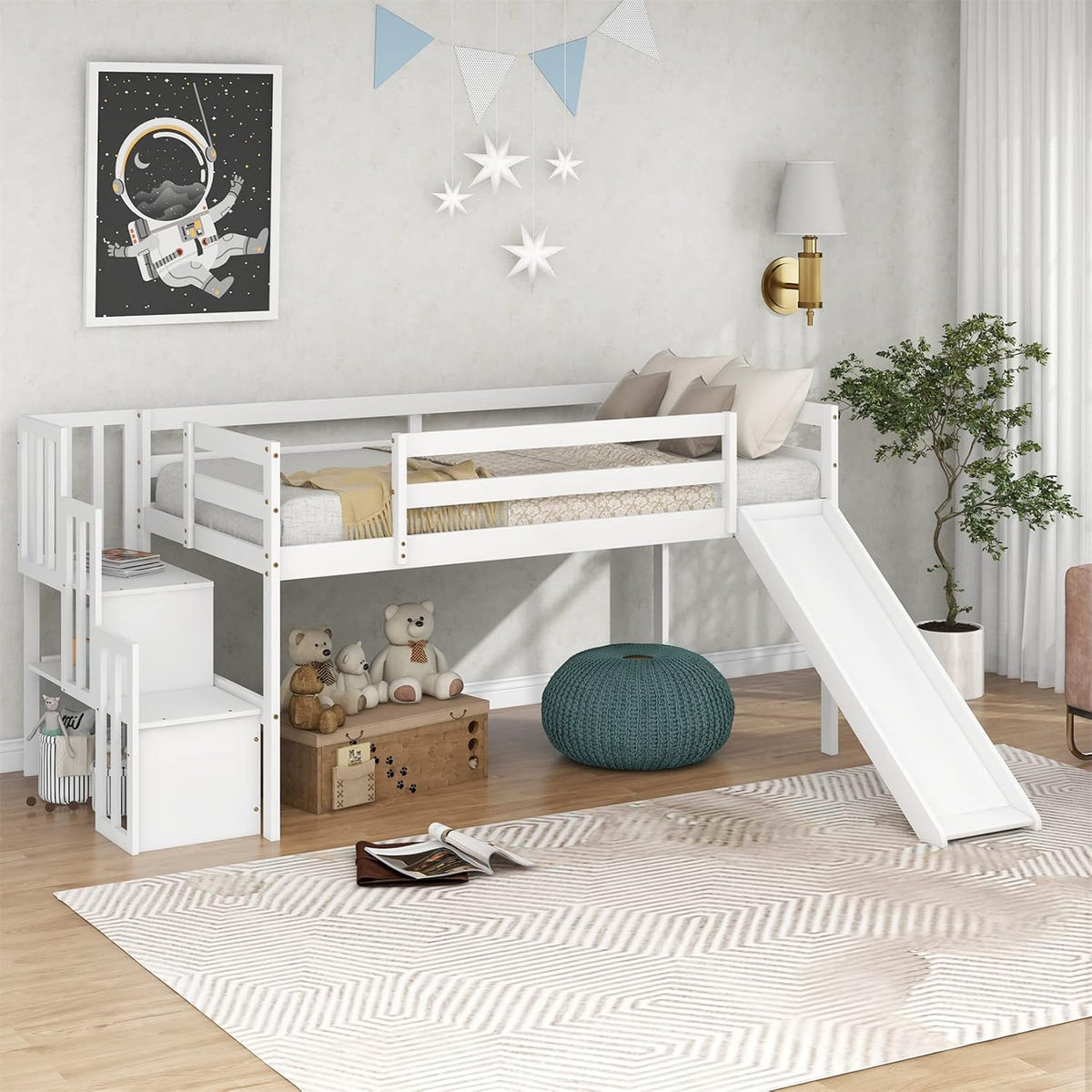 Twin Wooden Loft Bed with Slide, Cabinet Drawers and Book Shelves A7035