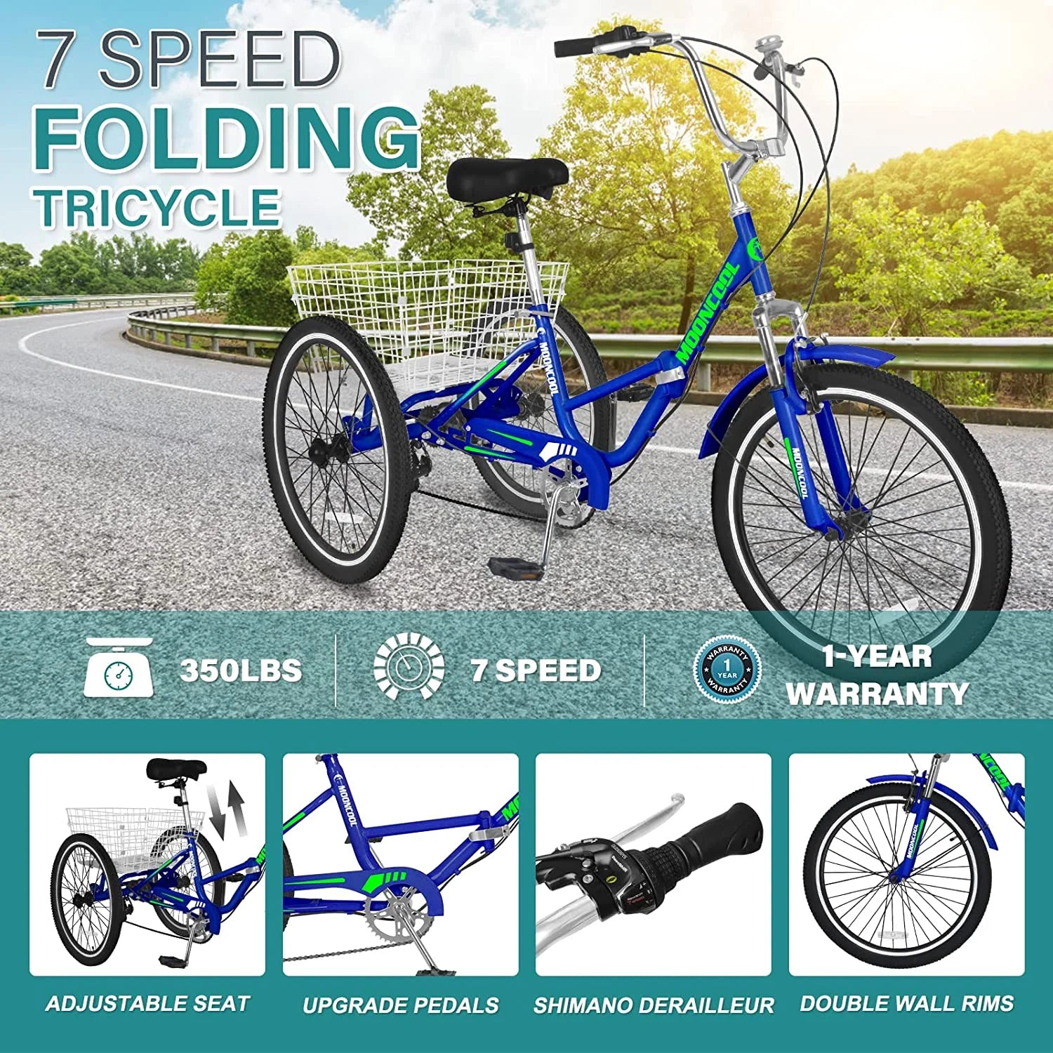 Adult Folding Tricycle 7 Speed 20/24/26 inch Three Wheel Bike with Large Basket R8251