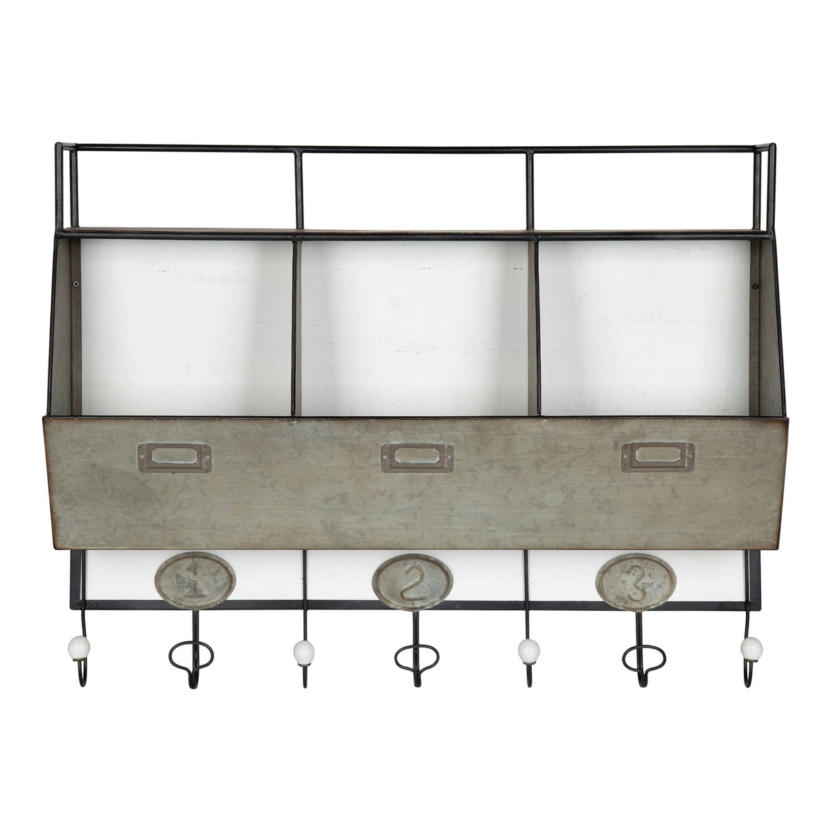 Antique White Wood and Metal Wall Storage Pockets with Hooks C96032
