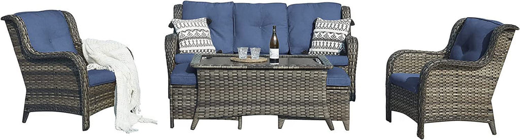 5 Piece Rattan Sectional Sofa Set with 3-Seat Couch 2 Armchairs 2 Ottoman Footrests Grey/Blue A193