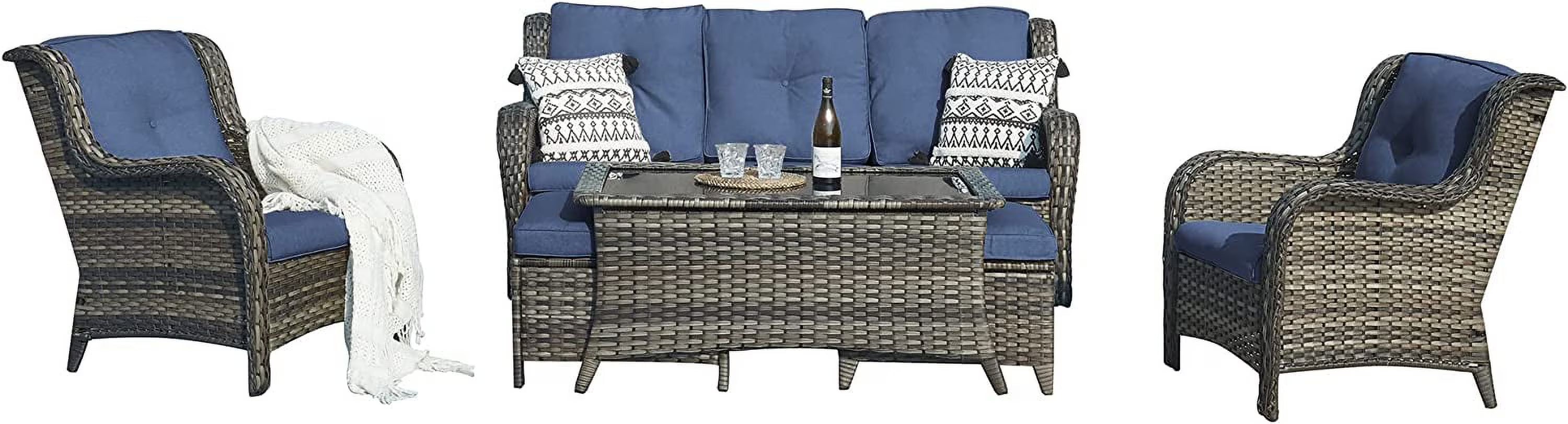 5 Piece Rattan Sectional Sofa Set with 3-Seat Couch 2 Armchairs 2 Ottoman Footrests Grey/Blue A193