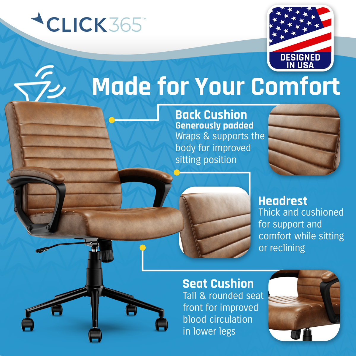 Cognac Bonded Leather Ergonomic Desk Chair E631
