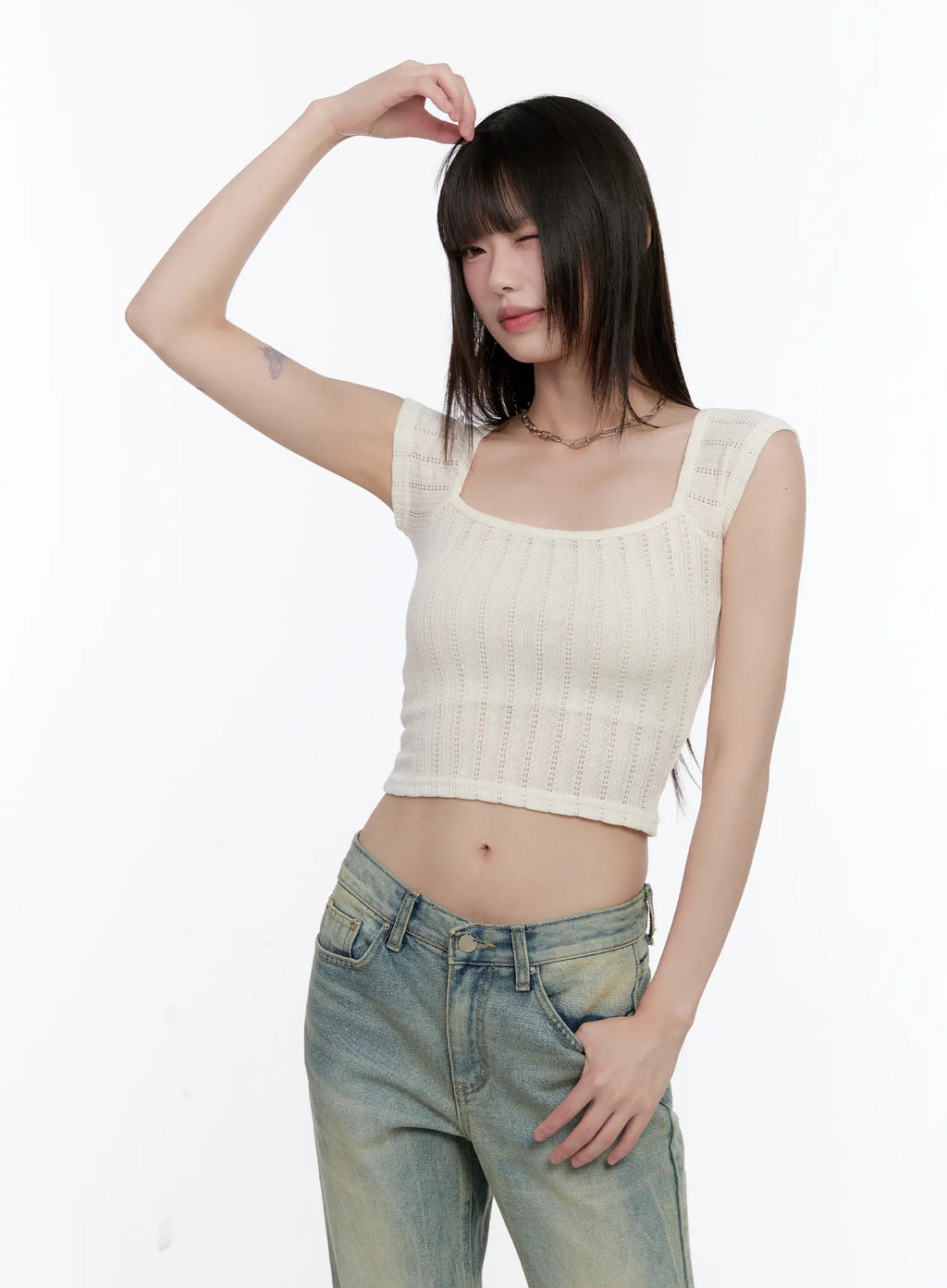 Square-Neck Cap-Sleeve Crop Top CL504