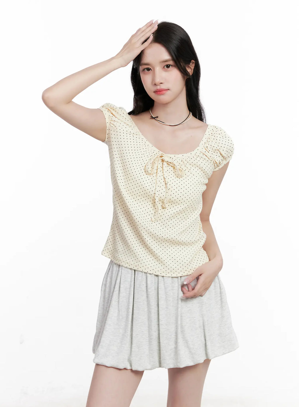 Polka Dot Puff-Sleeve Ribbon Top CL516
