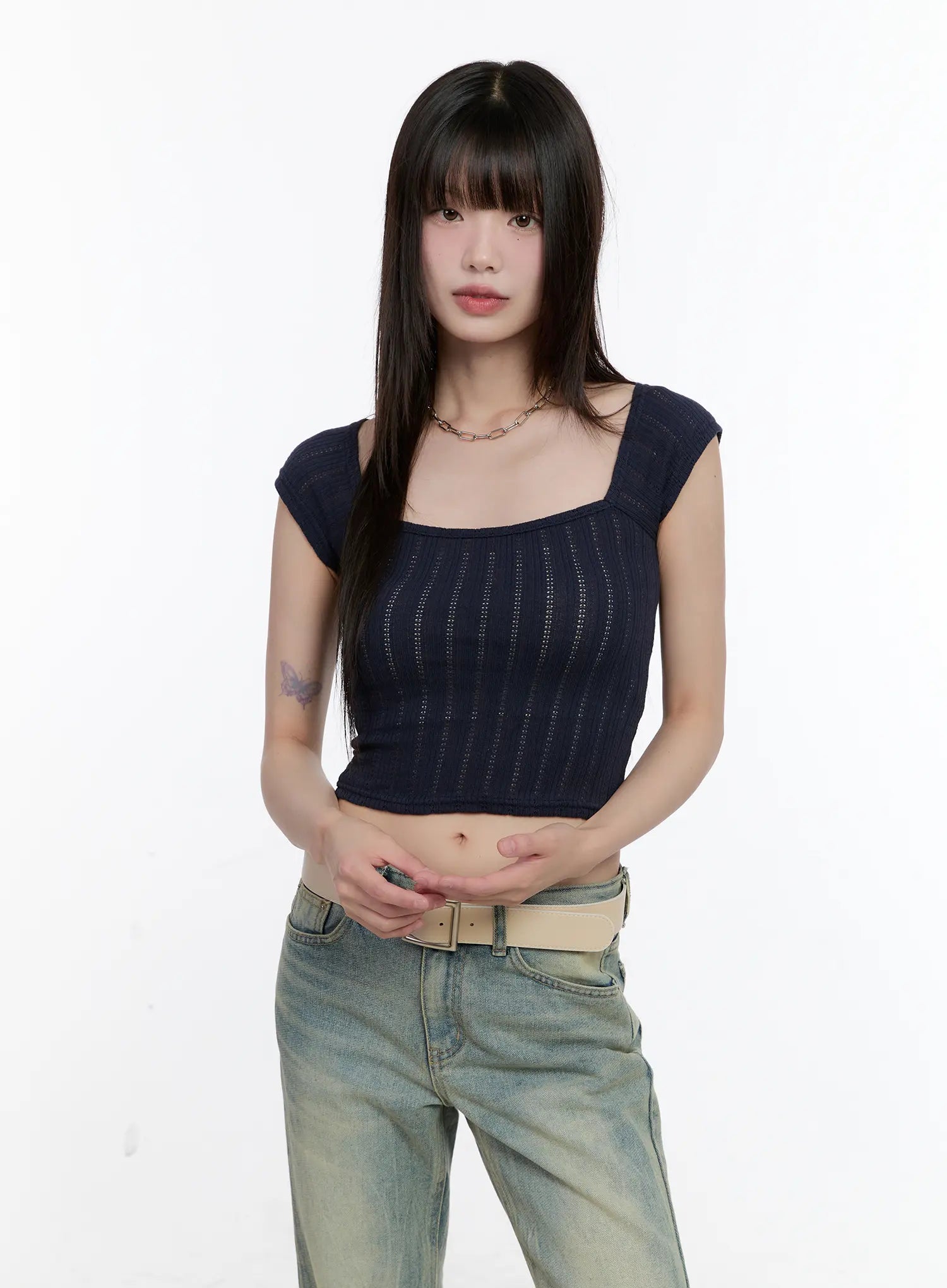 Square-Neck Cap-Sleeve Crop Top CL504