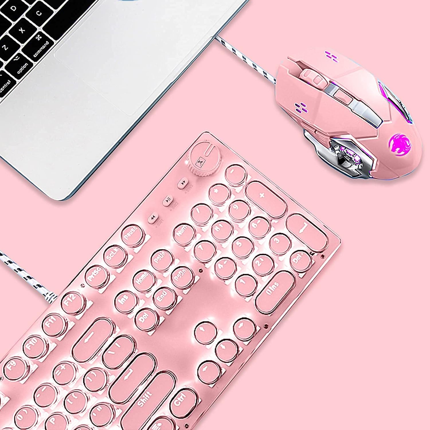 Pink Retro Typewriter-Style Wired Gaming Keyboard and Mouse Combo D9296