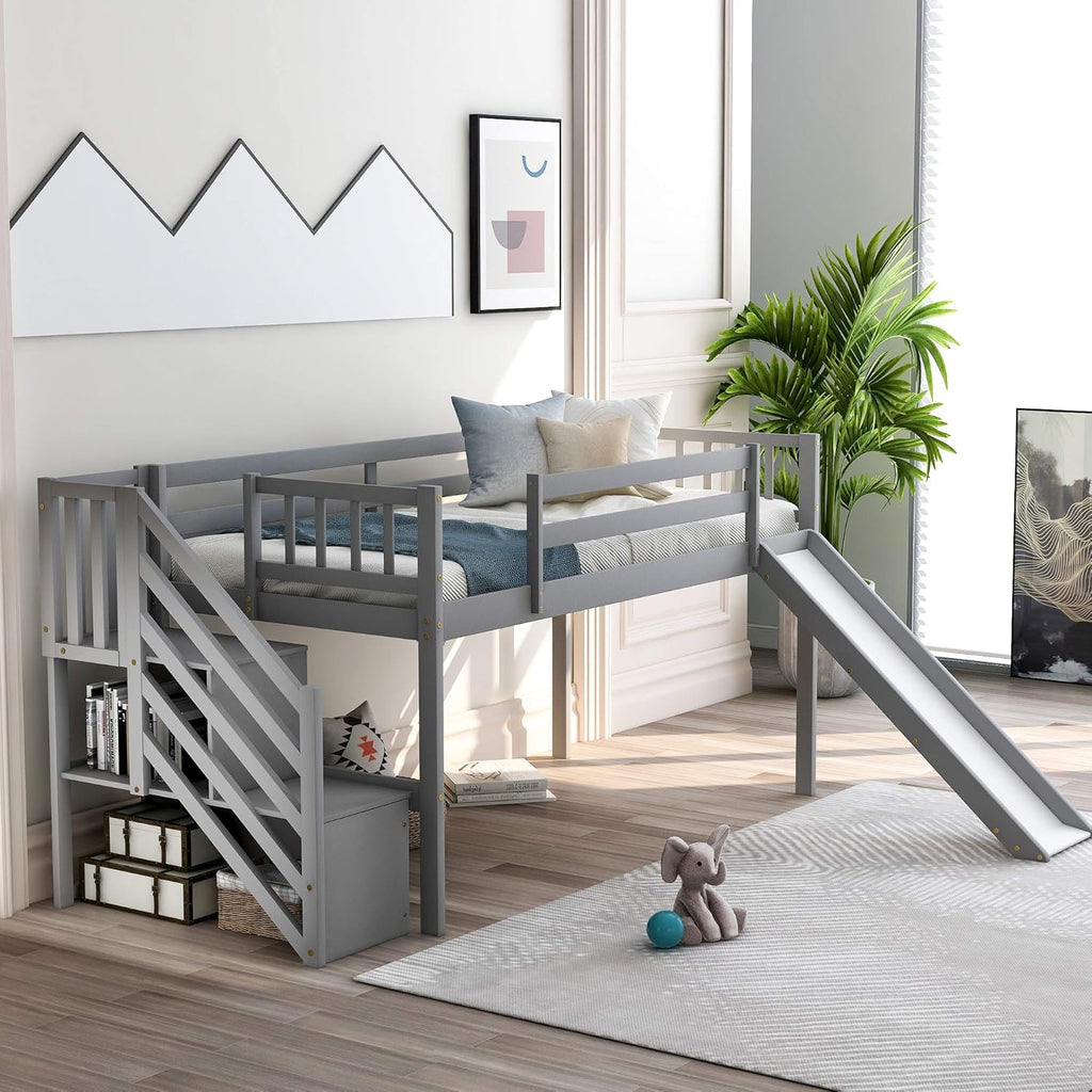 Twin Wooden Loft Bed with Slide, Cabinet Drawers and Book Shelves A7035
