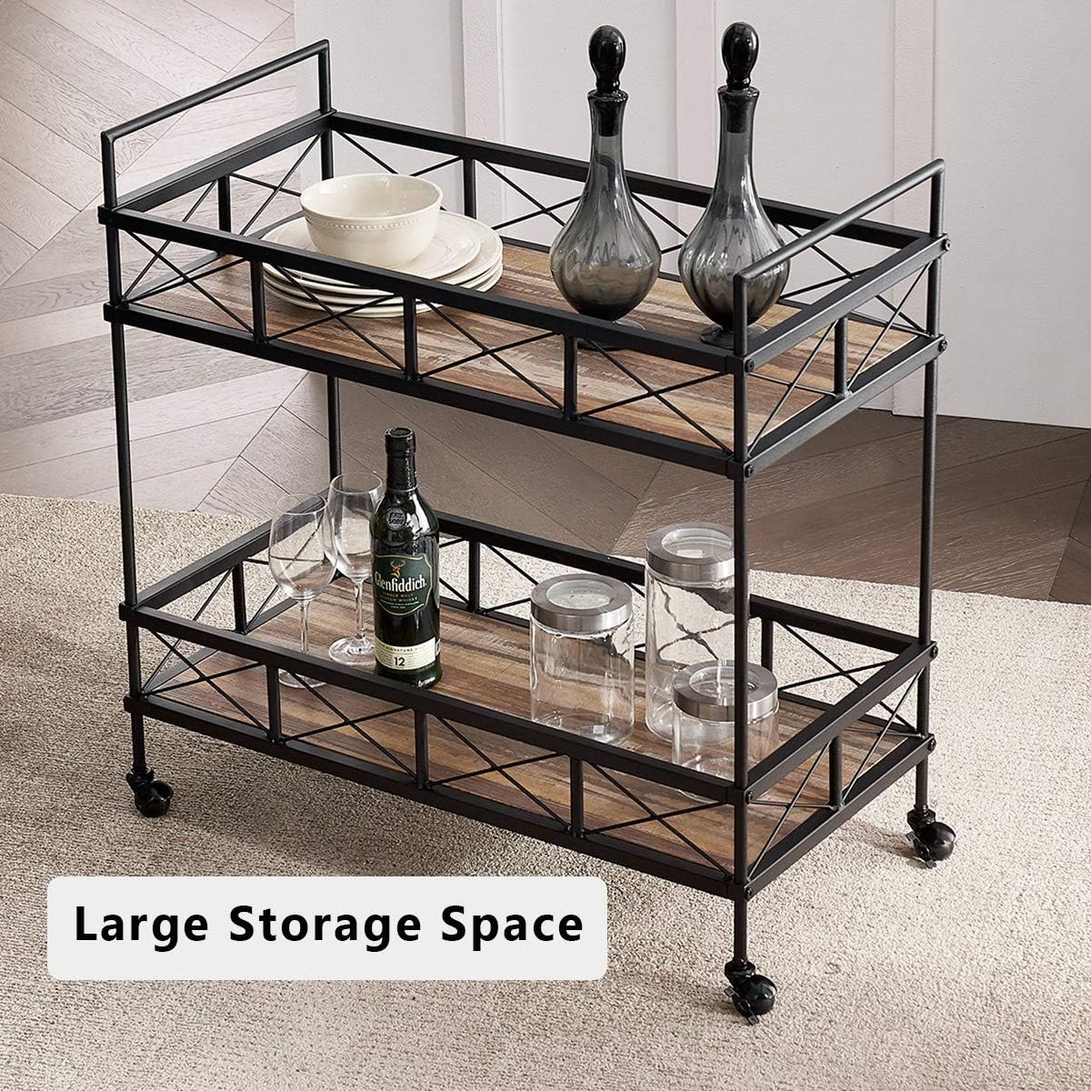 Vintage Brown 2-Tier Rectangular Rolling Bar Cart G7671