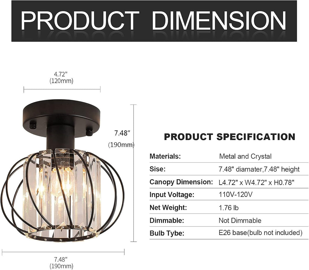 Semi Flush Mount Ceiling Light K9 Crystal Metal Cage Ceiling Lamp Fixture, E26 Y3791