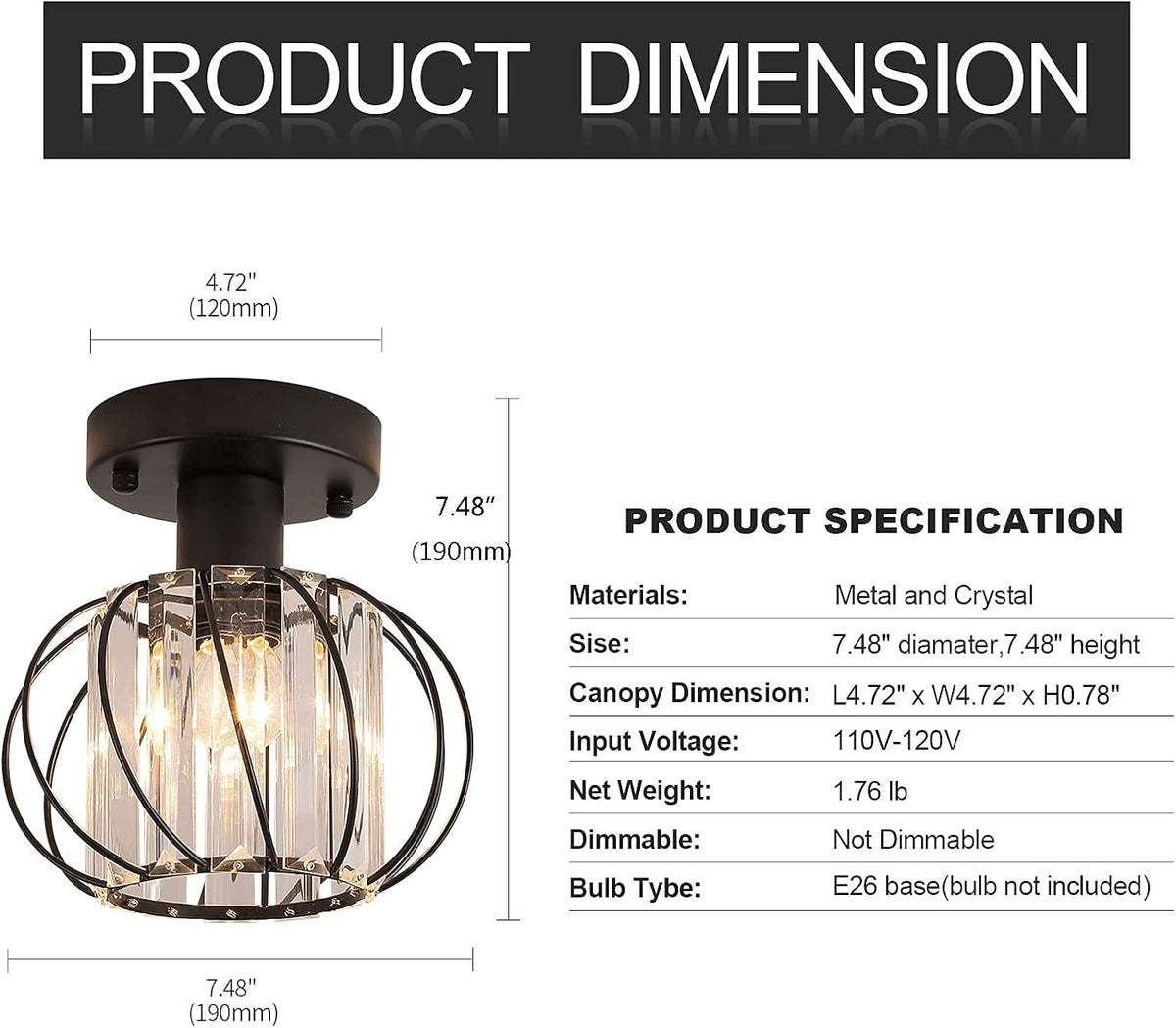Semi Flush Mount Ceiling Light K9 Crystal Metal Cage Ceiling Lamp Fixture, E26 Y3791