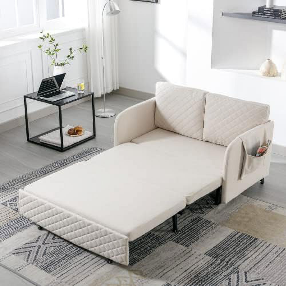 Grey Linen Loveseat Sleeper Sofa with Pull-Out Bed A80886