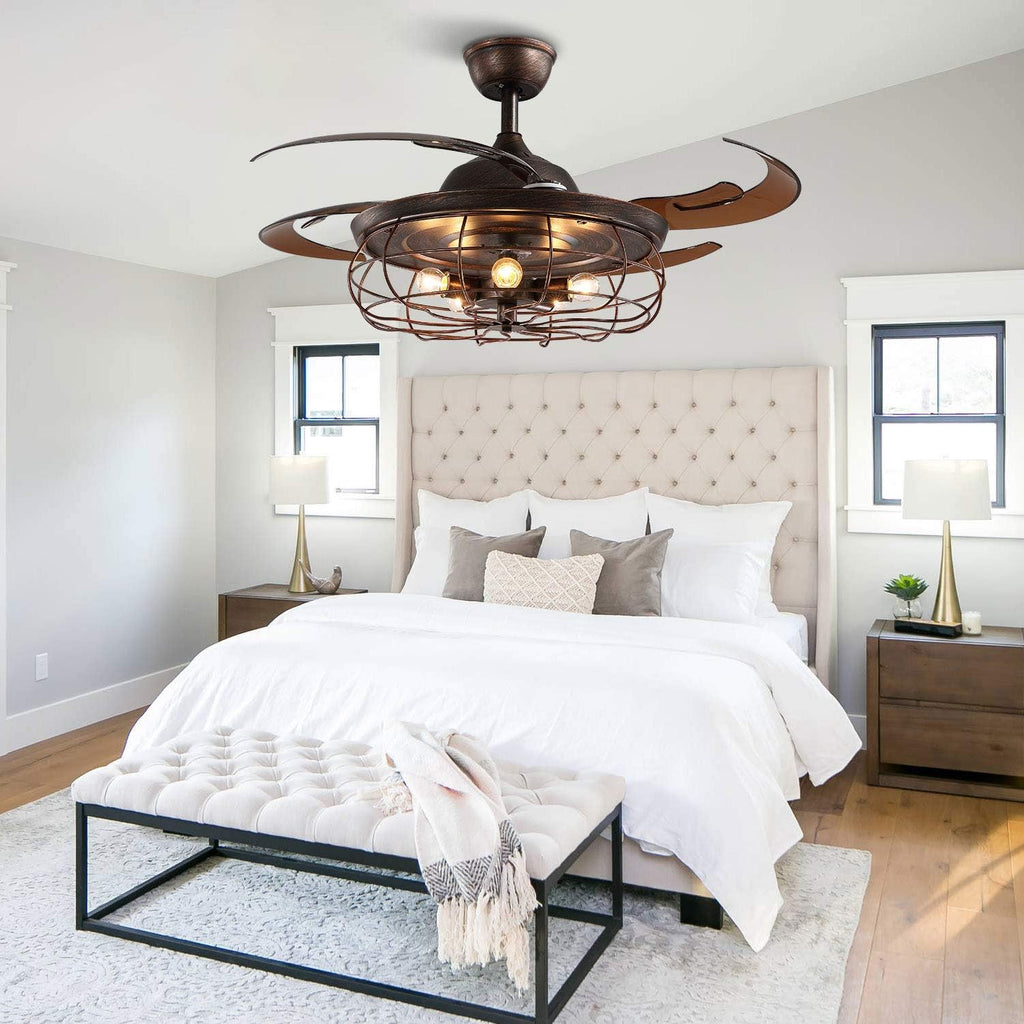 Retractable Industrial Ceiling Fan Light Chandelier with Remote Control Rusty 48 Inch 5 Light 4 Fan Blades Y679