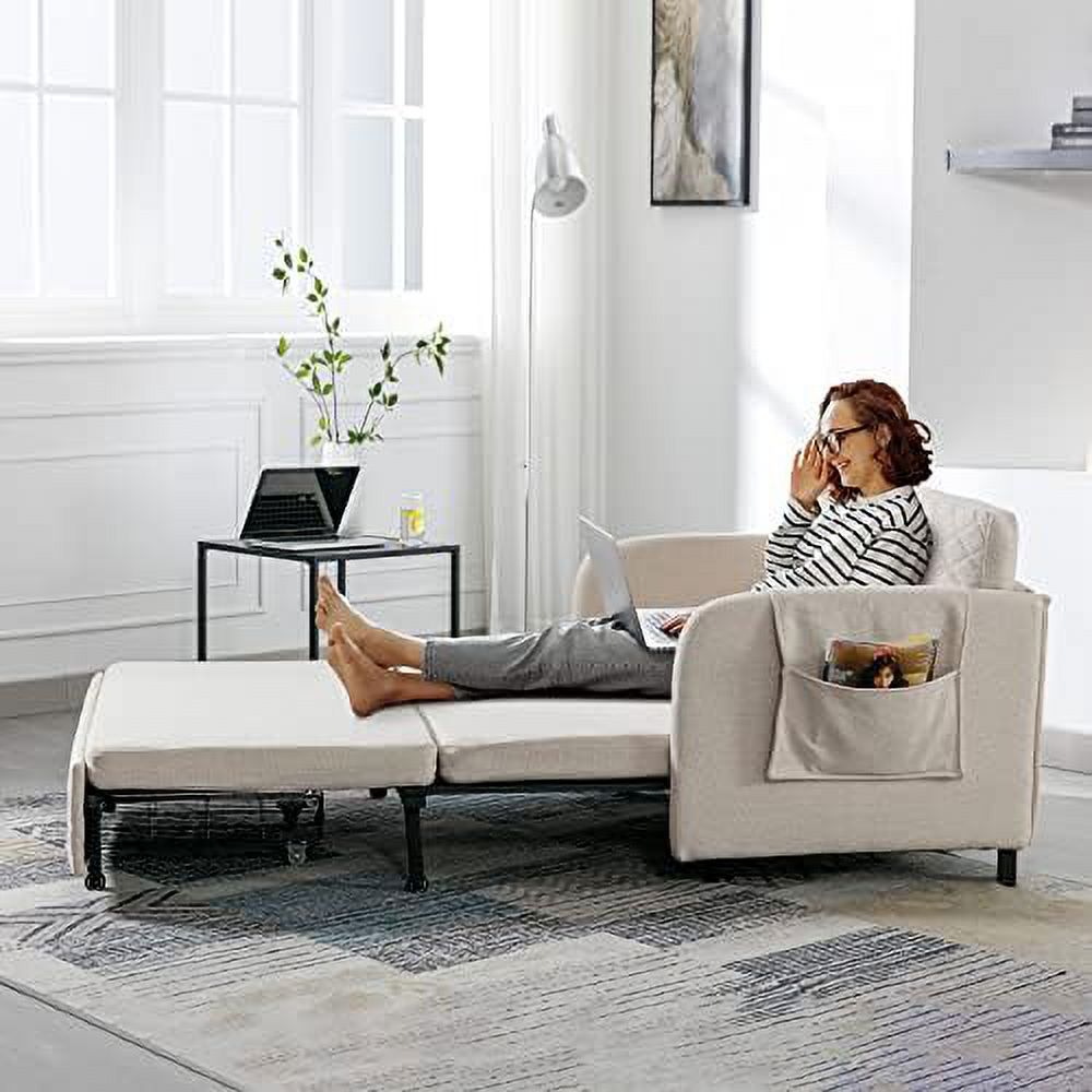 Grey Linen Loveseat Sleeper Sofa with Pull-Out Bed A80886