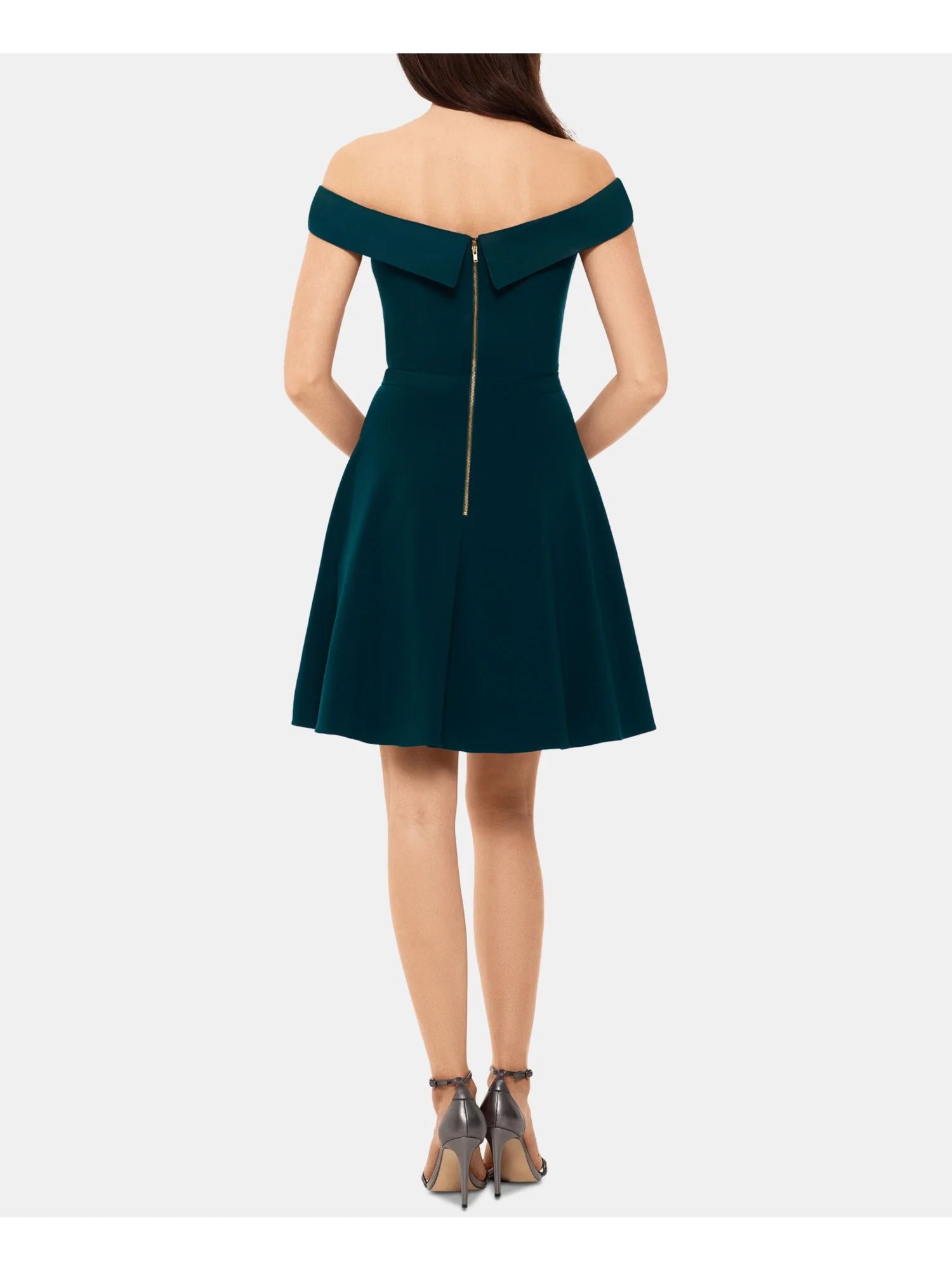 Green Short Sleeve Off Shoulder Mini Fit + Flare Dress C32525
