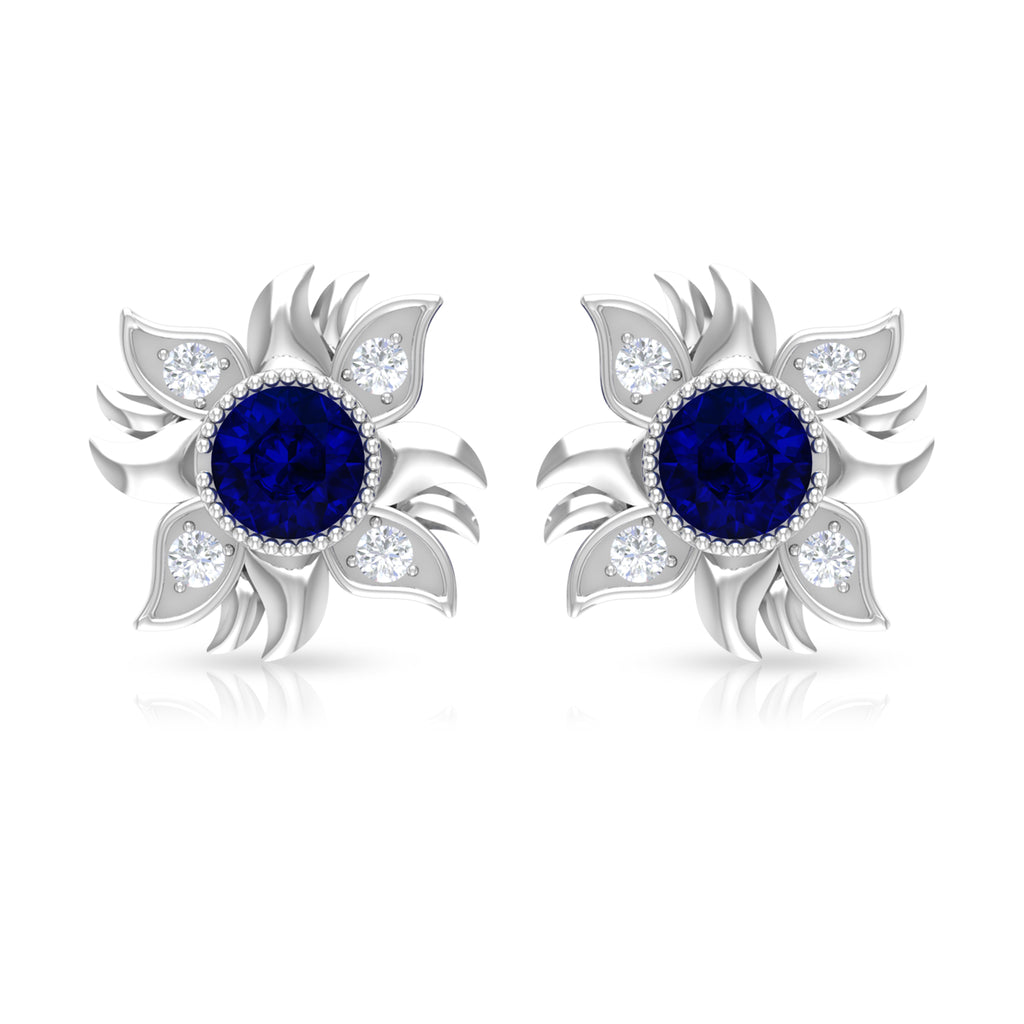 10K White Gold Blue Sapphire Diamond Stud Earring G980707