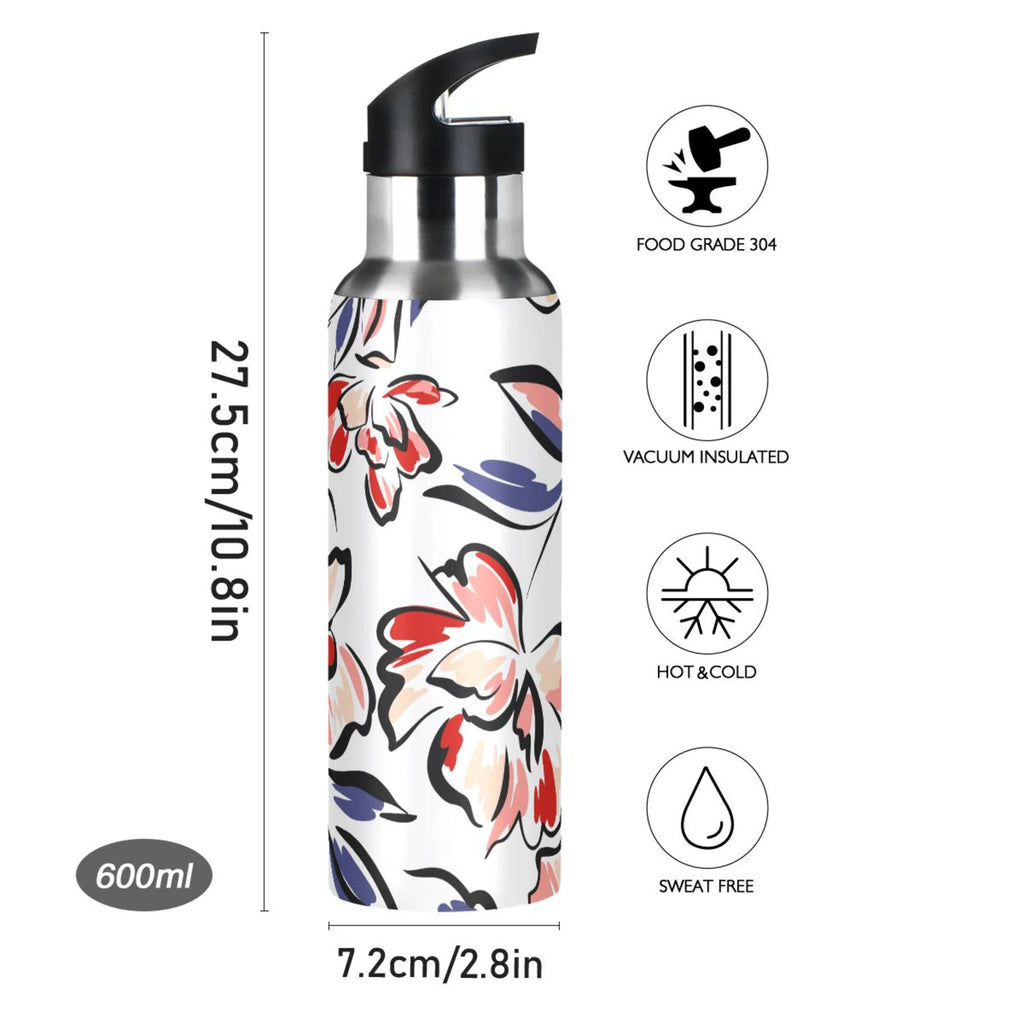Retro Blue Flowers Stainless Steel Insulated Water Bottle with Straw Lid W42540