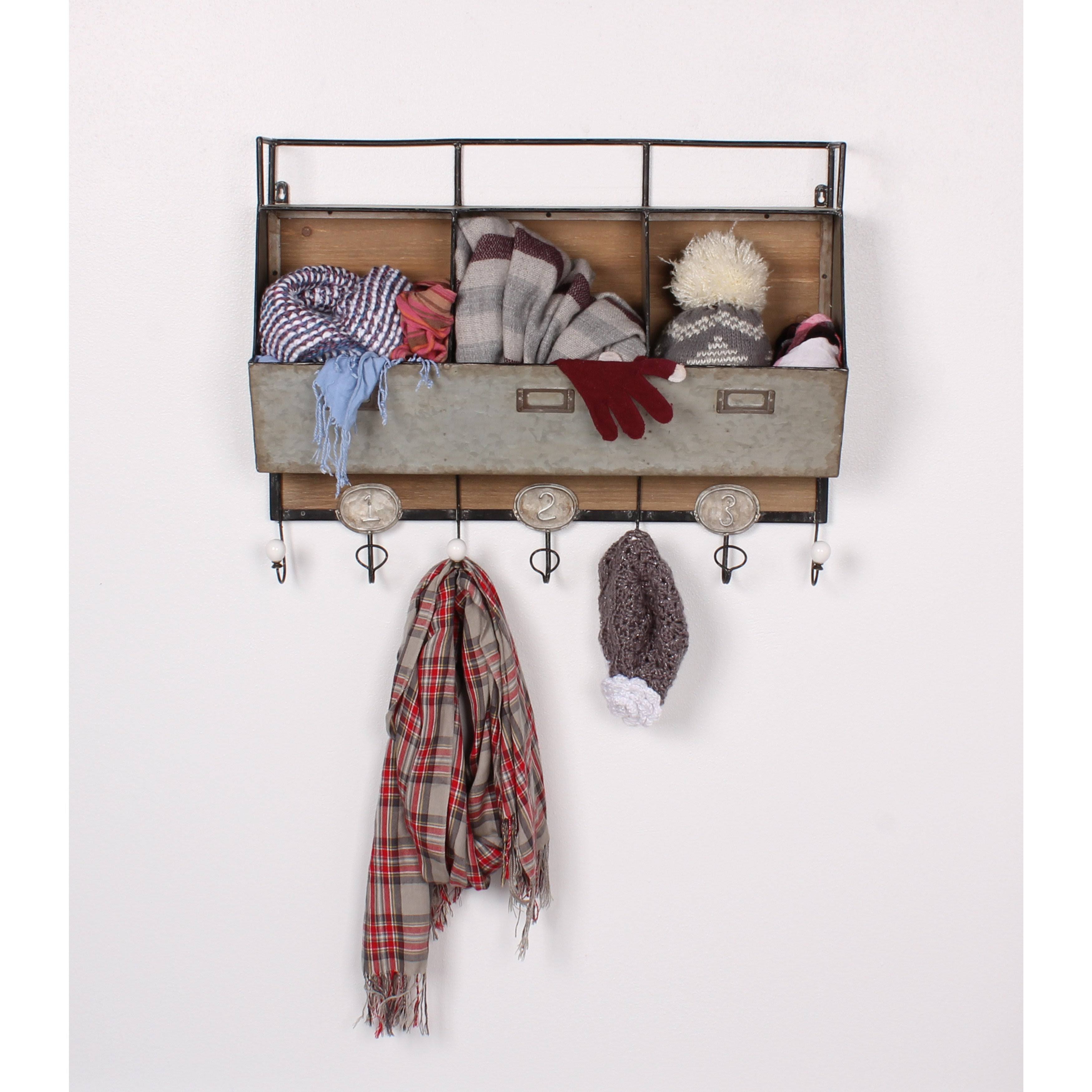 Antique White Wood and Metal Wall Storage Pockets with Hooks C96032