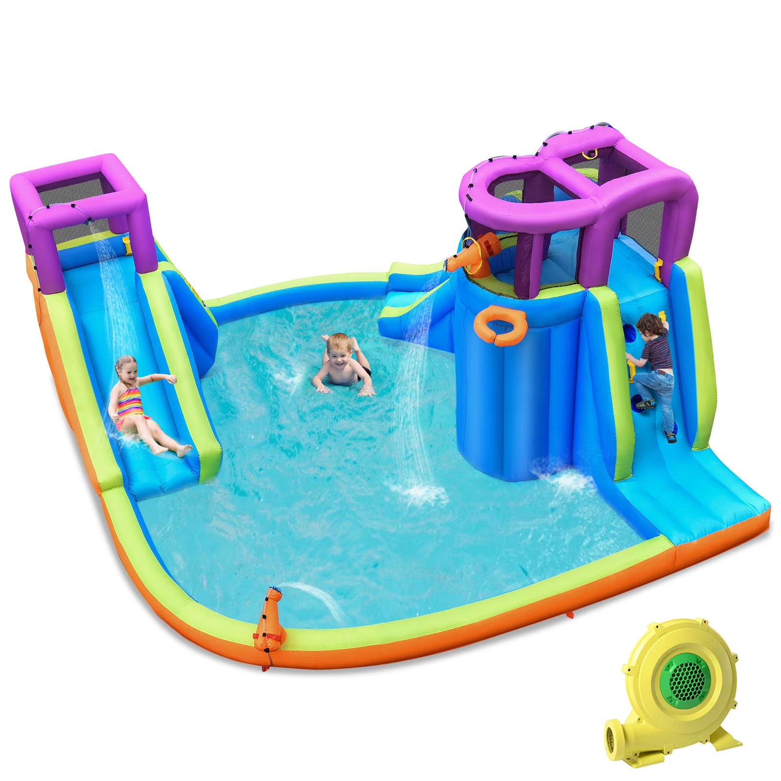 6 in 1 Inflatable Dual Slide Water Park Climbing Bouncer with 950W Blower R752