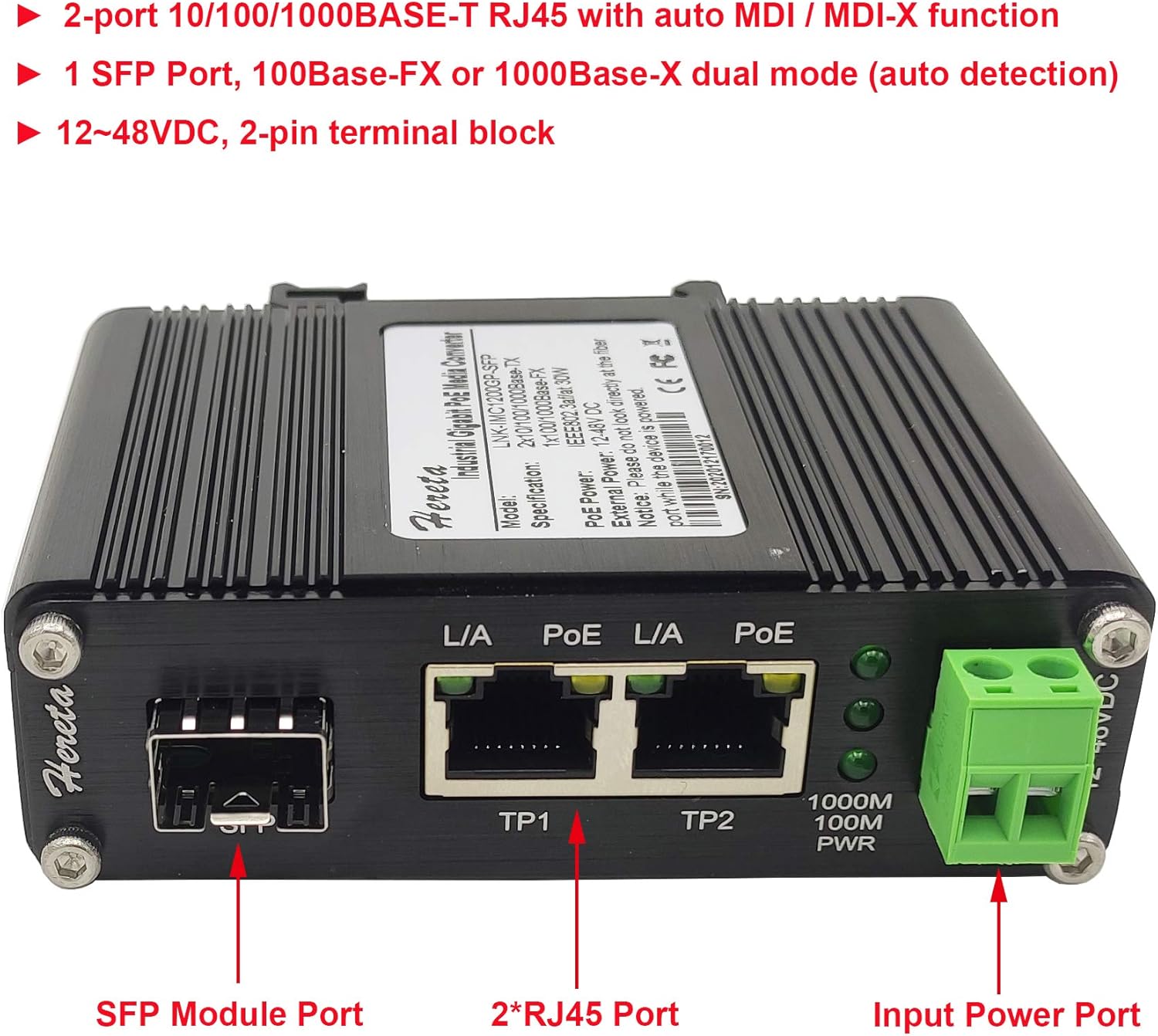 Industrial Ethernet Media Converter POE+ 30W Aluminum Case 2 RJ45 Port 1 SFP Port 12~48V DC Input G436