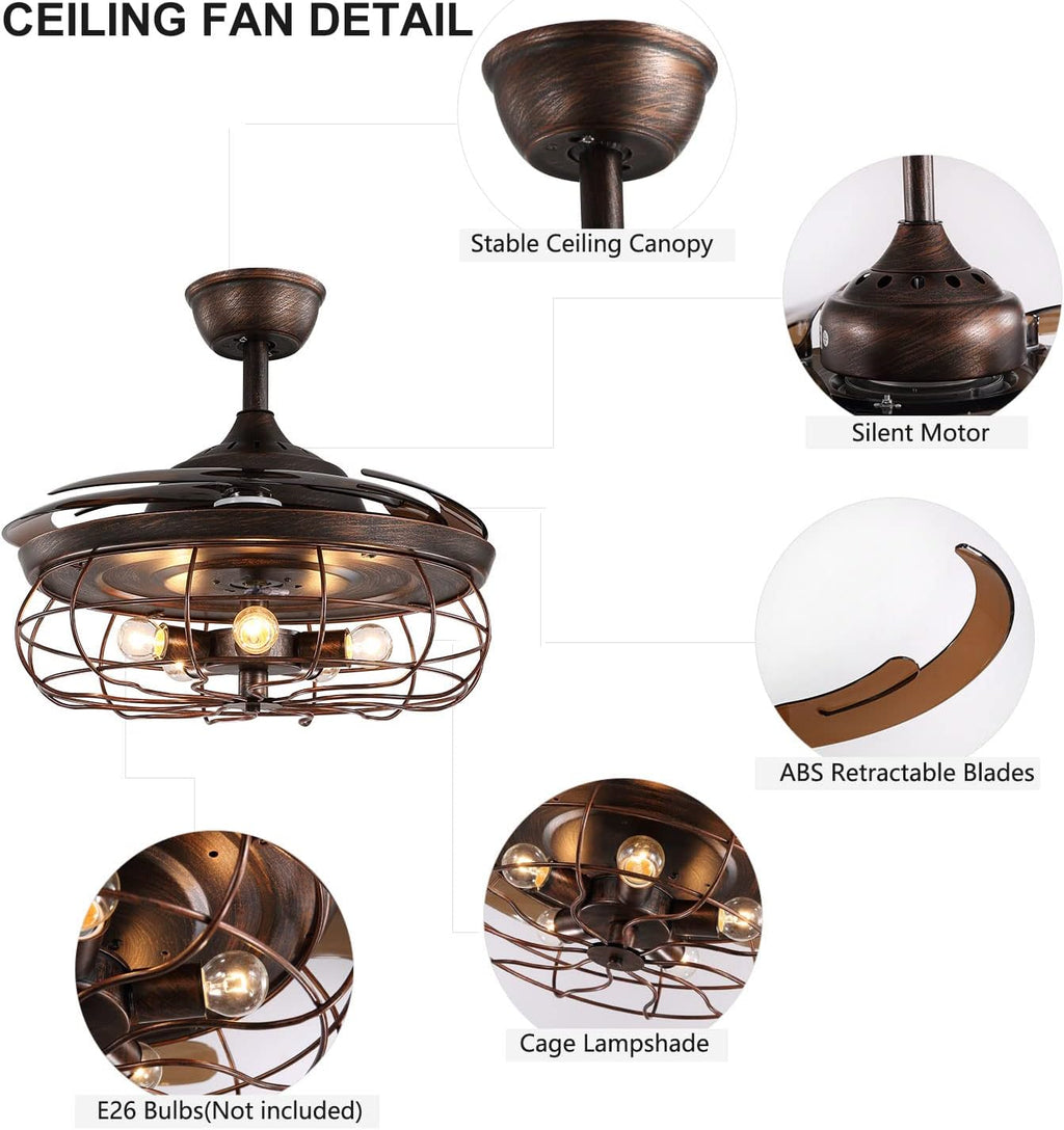 Retractable Industrial Ceiling Fan Light Chandelier with Remote Control Rusty 48 Inch 5 Light 4 Fan Blades Y679