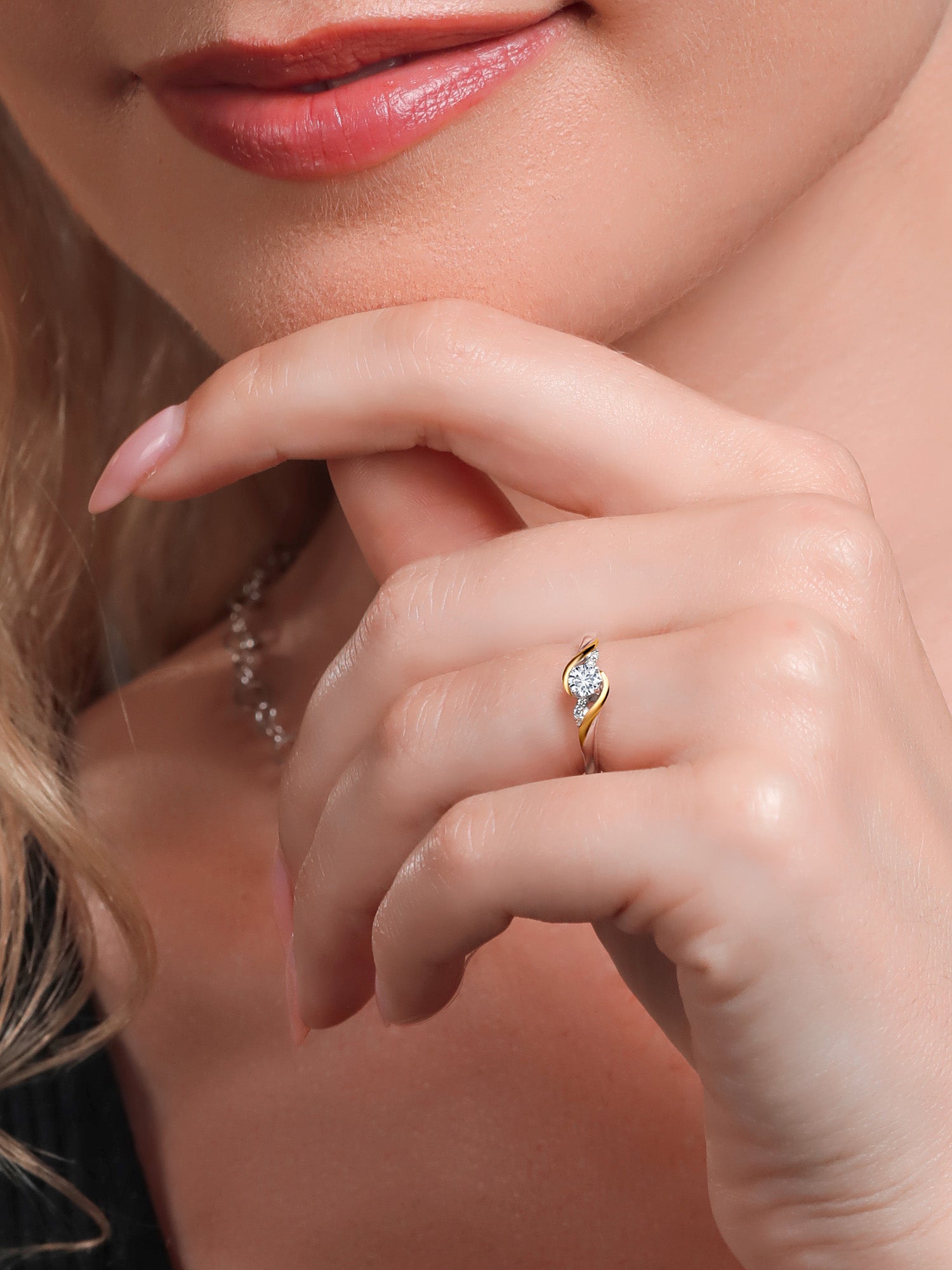 925 Sterling Silver 10K Yellow Gold Round White Lab Grown Diamond Engagement Ring W375