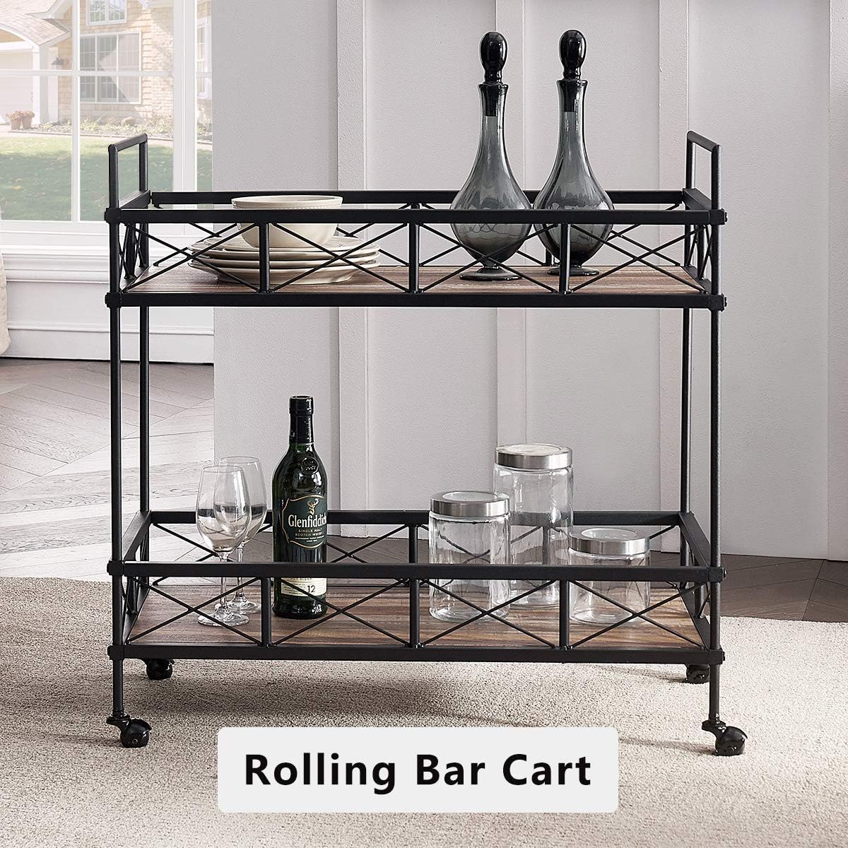 Vintage Brown 2-Tier Rectangular Rolling Bar Cart G7671