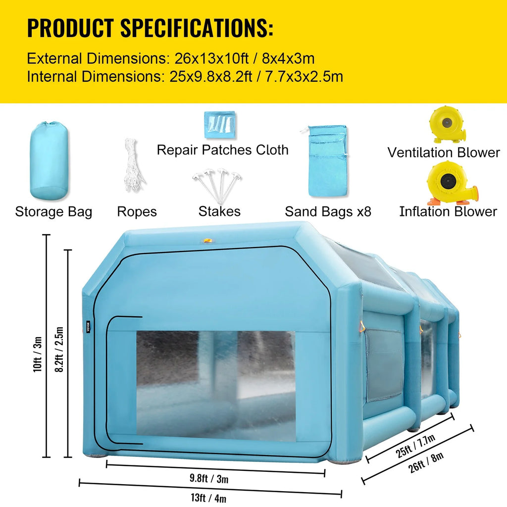 Inflatable Spray Booth Car Paint Tent 26x13x10FT Filter System 2 Blowers Y183483