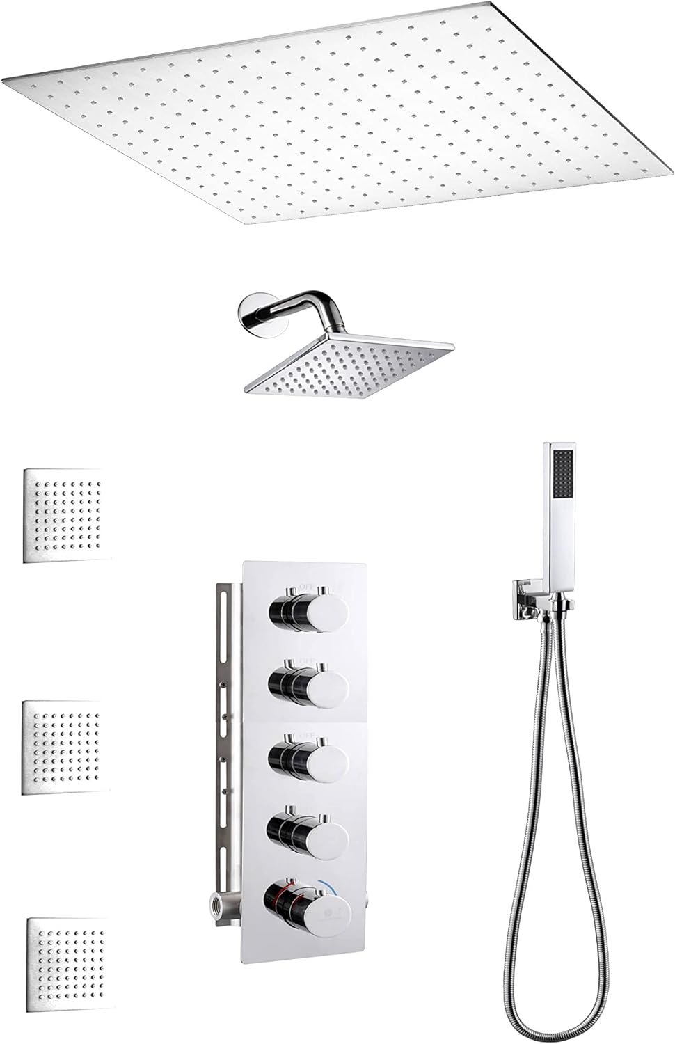 Matte Black 4 Way Thermostatic Shower Valve System with Body Jets, Handheld, 6" High Pressure Head and 20" Rain G525426