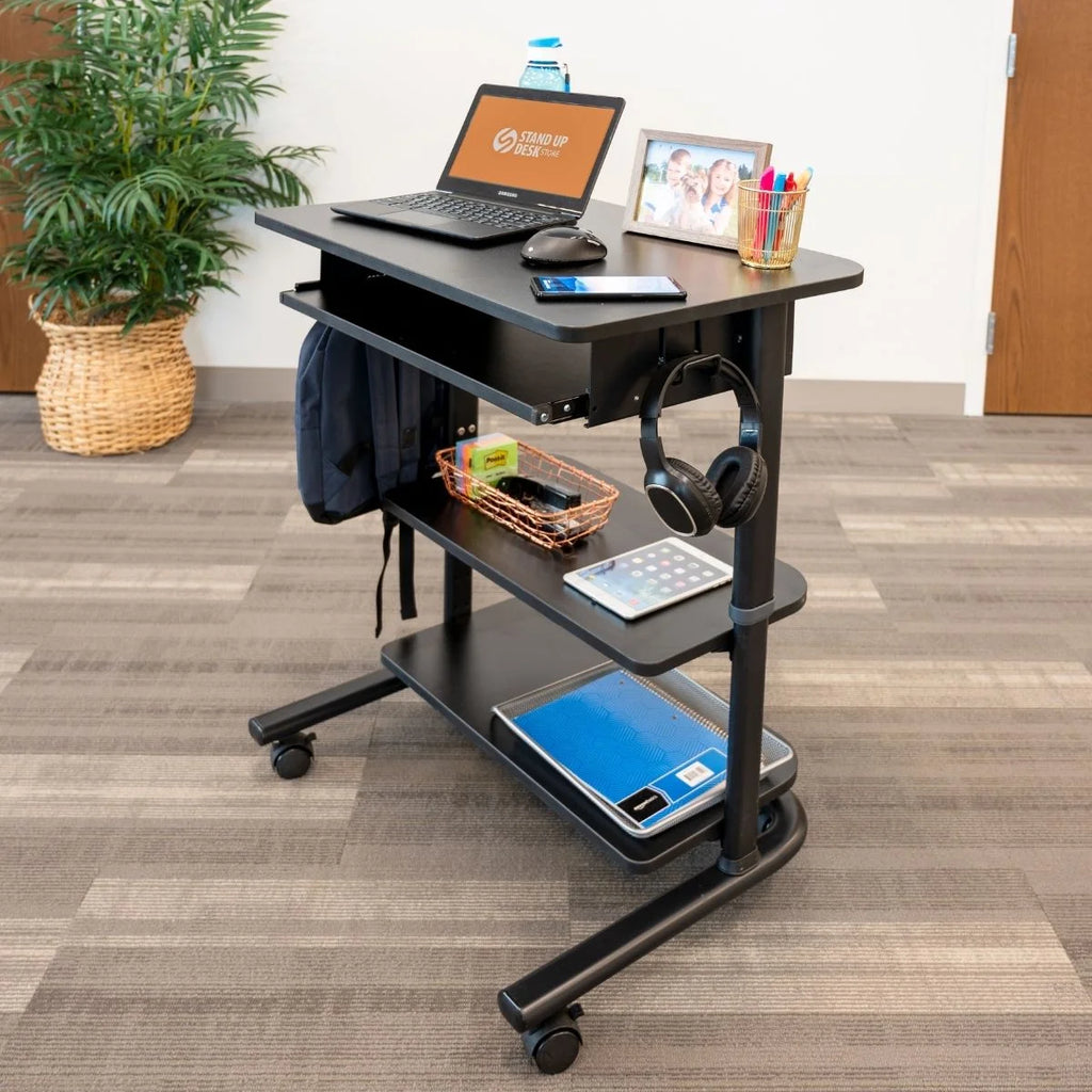 Adjustable Height Mobile Laptop Workstation with Retractable Keyboard Tray, Black, 29” Wide R8139