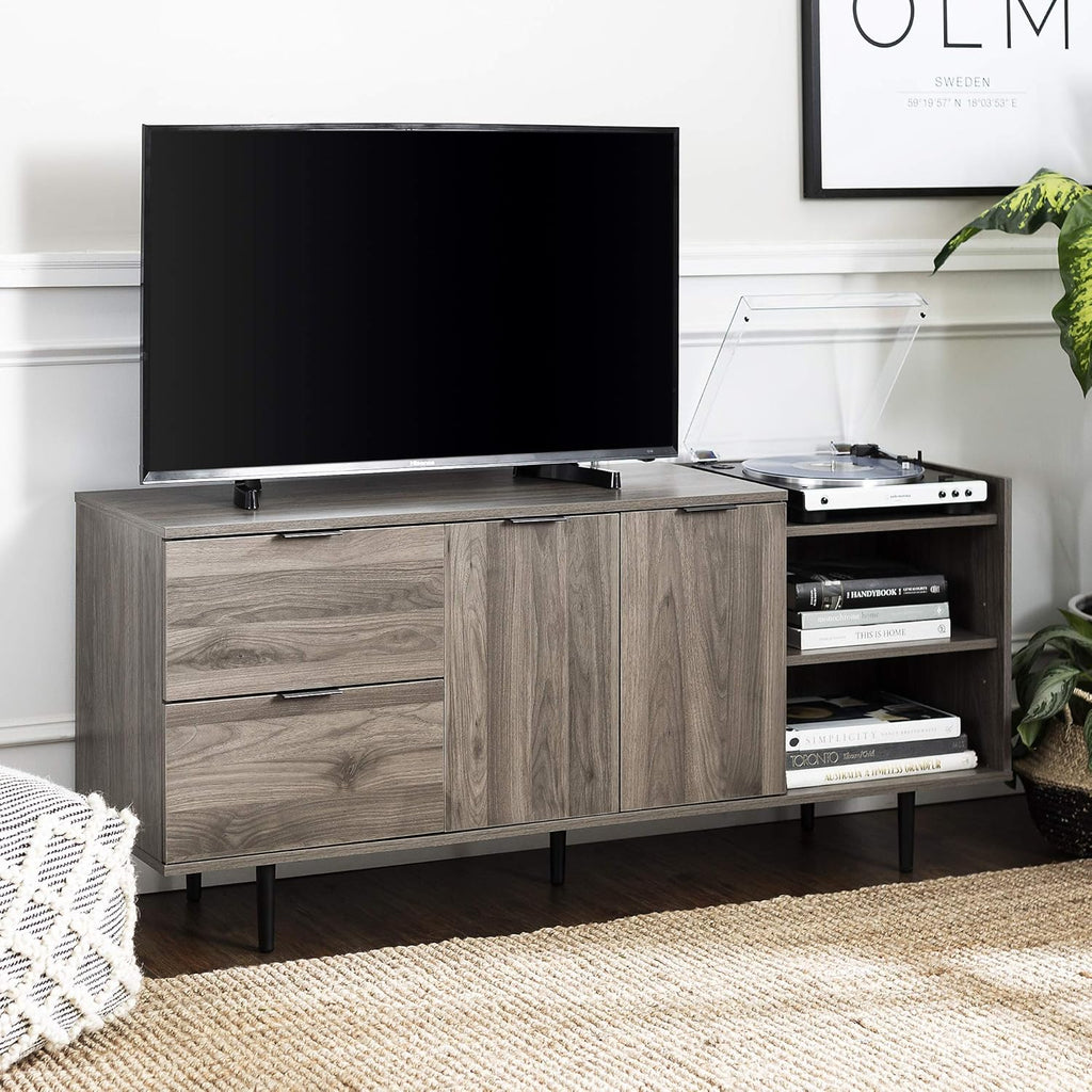 60 Inch Slate Grey Wood TV Stand with Cabinet Doors and Drawers P176401