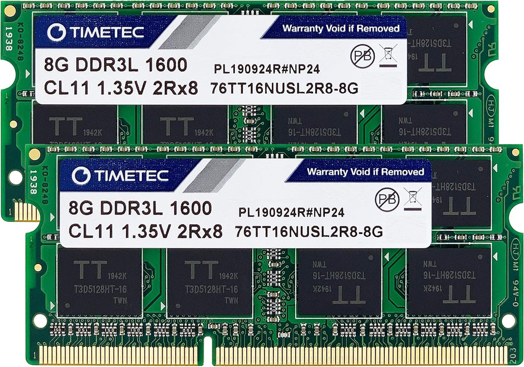 16GB KIT (2x8GB) DDR3/DDR3L 1600MHz PC3L-12800 1.35V Non-ECC Unbuffered SODIMM RAM Pack of 2 V181714