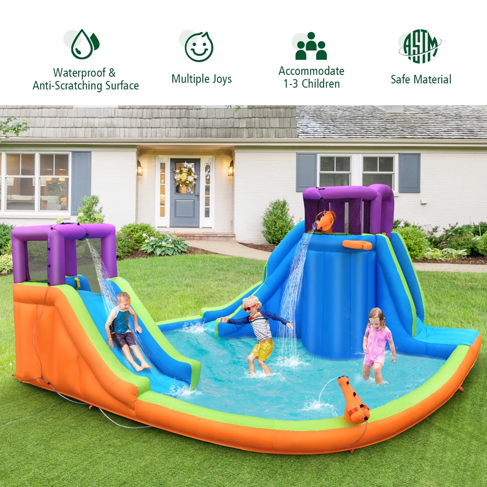 6 in 1 Inflatable Dual Slide Water Park Climbing Bouncer with 950W Blower R752
